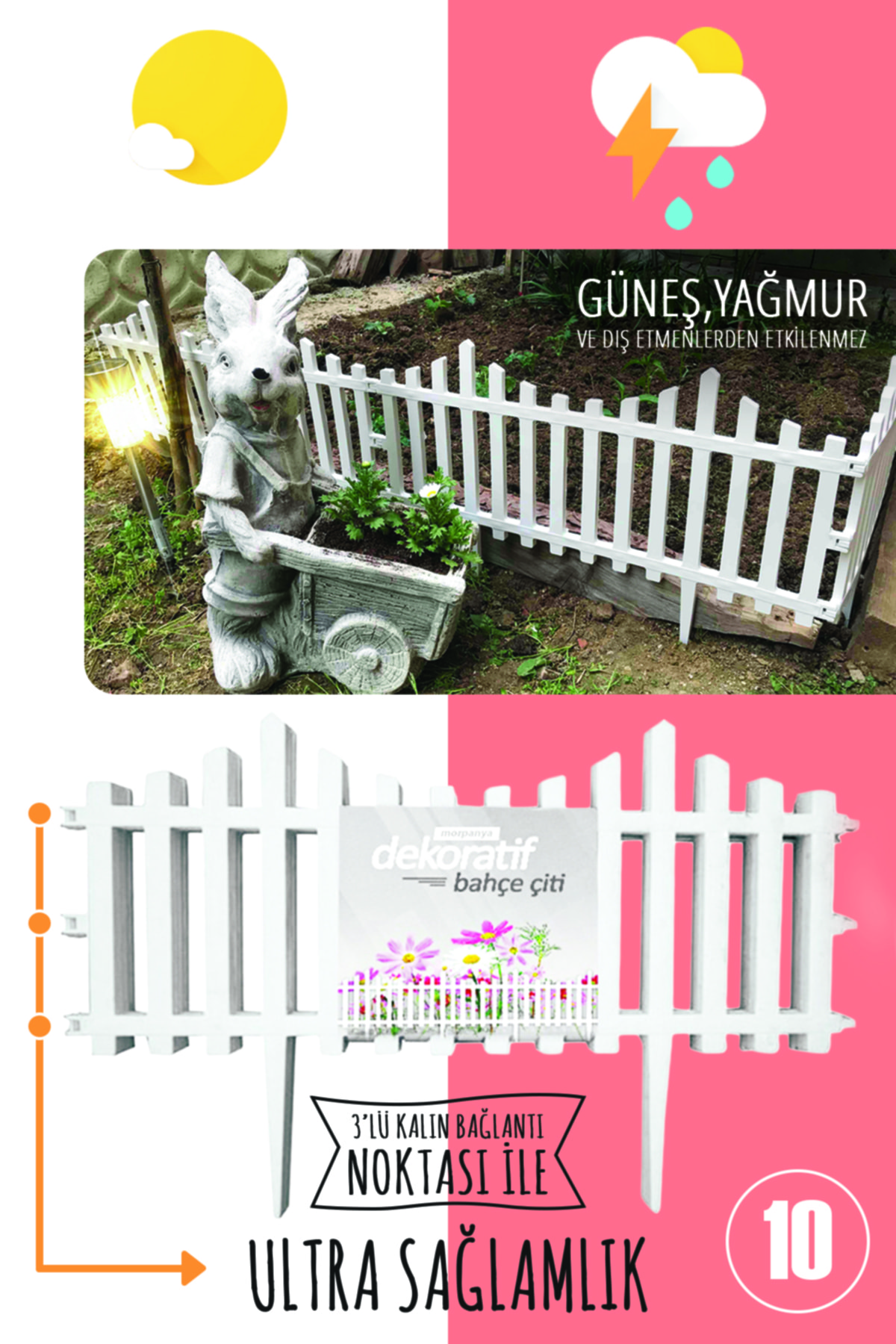 Taşmatik Dekoratif Bahçe Çiti Bordür Plastik Çit 59 Cm Peyzaj Çiçek Koruma Panel Beyaz 10'lu (5.90 Mt)